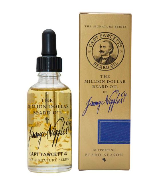A bottle of Captain Fawcett "Jimmy Niggles" Million Dollar Beard Oil with dispensing pippette,
