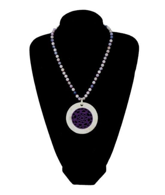 long view of white/purple pendant on lilac quartz bead chain