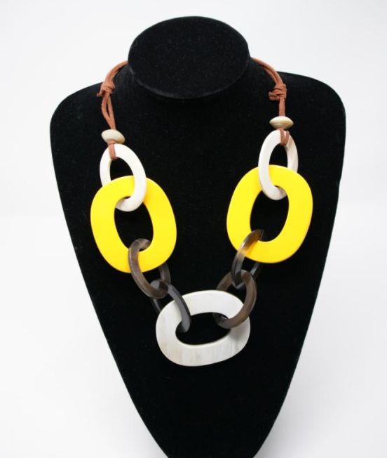 MP Large Hoops Necklace featuring large yellow and white lacaquered hoops - Close up