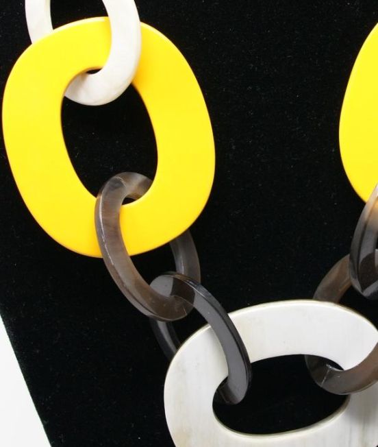 MP Large Hoops Necklace featuring large yellow and white lacaquered hoops - Close up