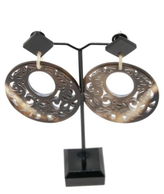 Indochineur Oxhorn Large Circle Earrings - dark with fretwork