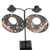 Indochineur Oxhorn Large Circle Earrings - dark with fretwork