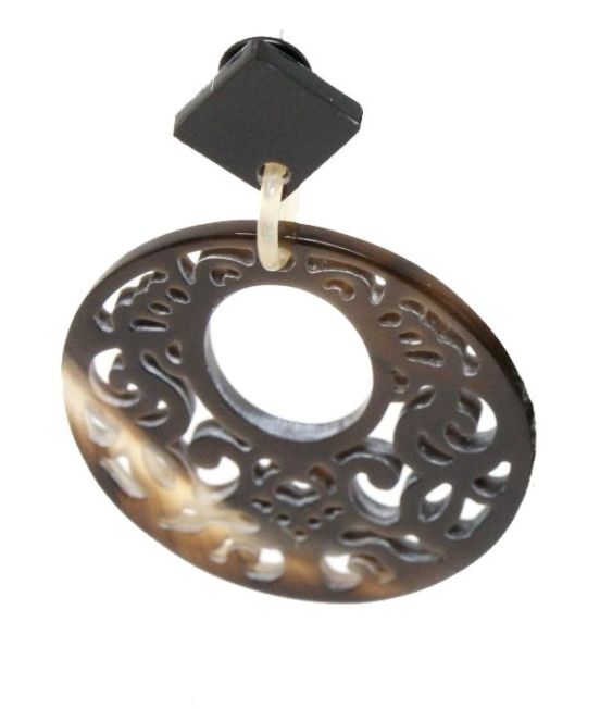 Indochineur Oxhorn Large Circle Earrings - dark with fretwork - close up