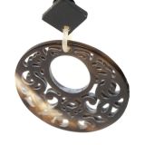 Indochineur Oxhorn Large Circle Earrings - dark with fretwork - close up