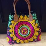 Tote bag in black with brightly coloured crewel work - narrow